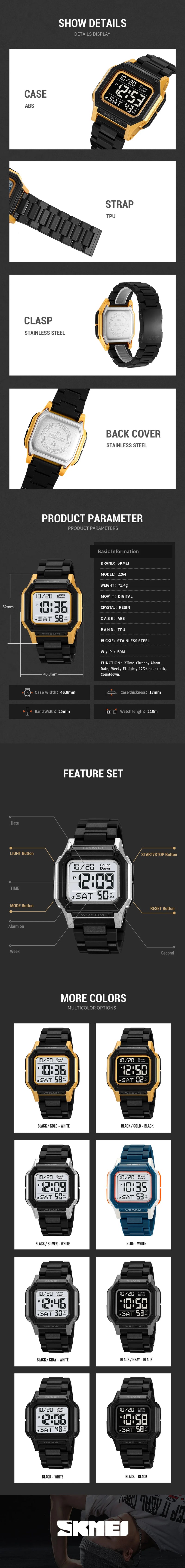 SKMEI Waterproof Sport Watch for Man Countdown Stopwatch Digital Wristwatch 2Time Fashion Mens Clock